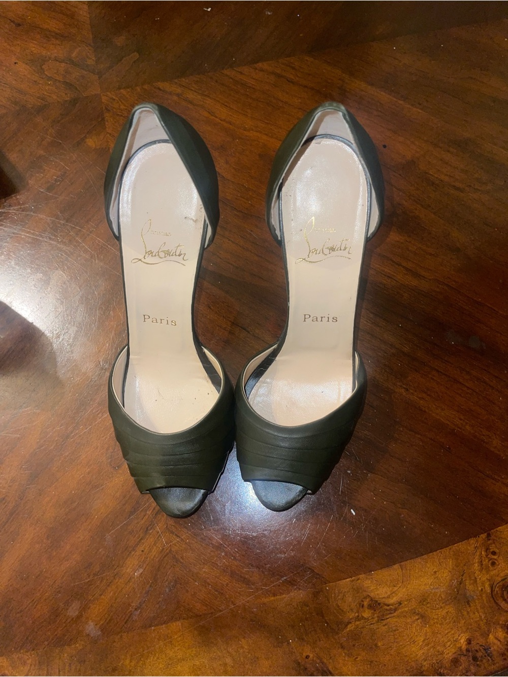 Christian Louboutin Olive Green Satin D'Orsay Open-Toe Pumps